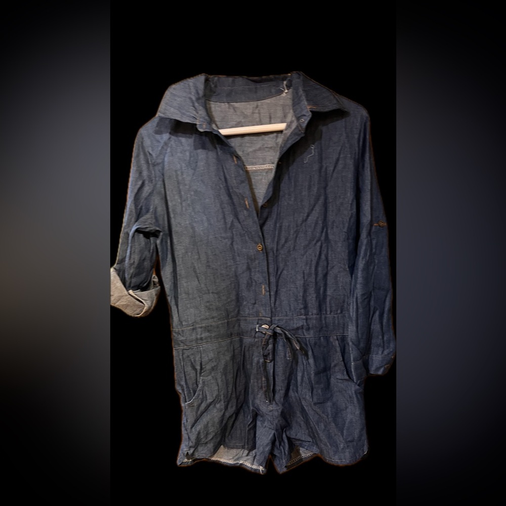 Casual Denim Blue Women's Romper front & back pockets  waist draw string.
